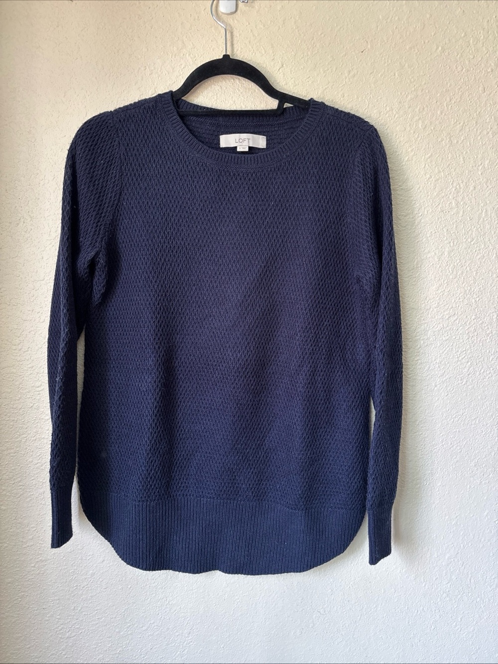LOFT Navy Textured Crewneck Pullover